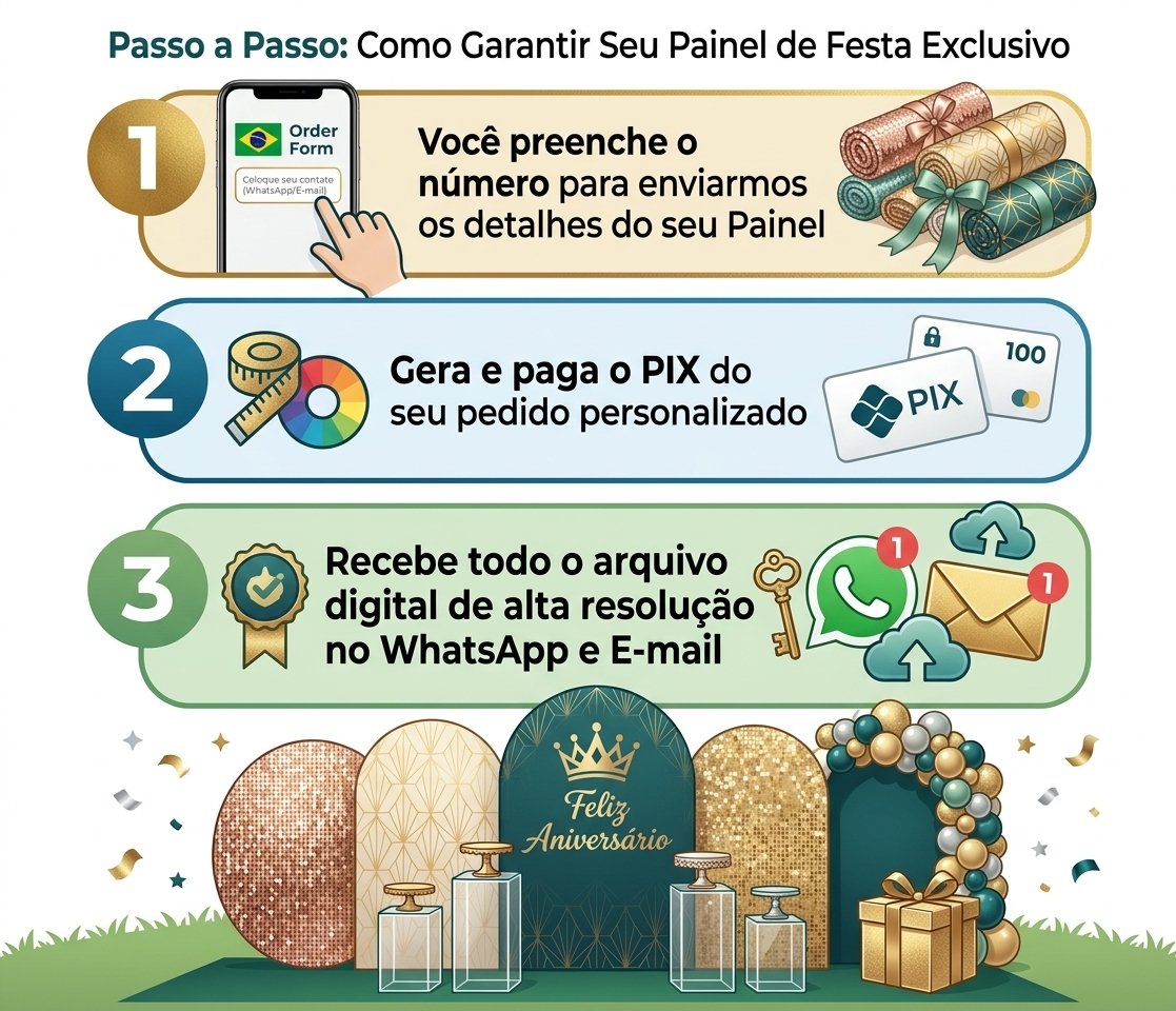 Passo a passo de como você recebe seu painel de festa: preenche o contato, paga o PIX e recebe o arquivo digital de alta resolução no WhatsApp e e-mail